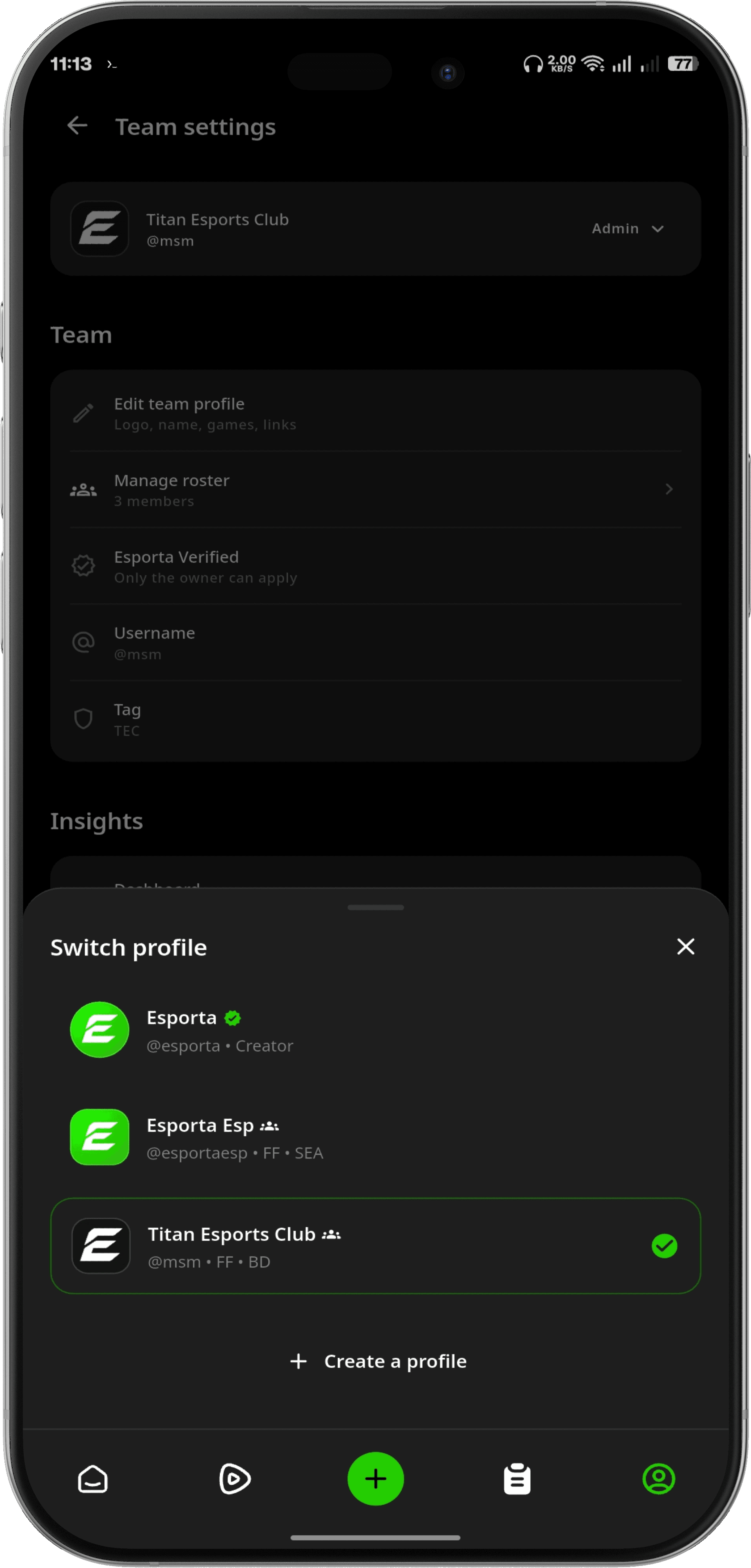 Esporta profiles sheet — switching between profiles